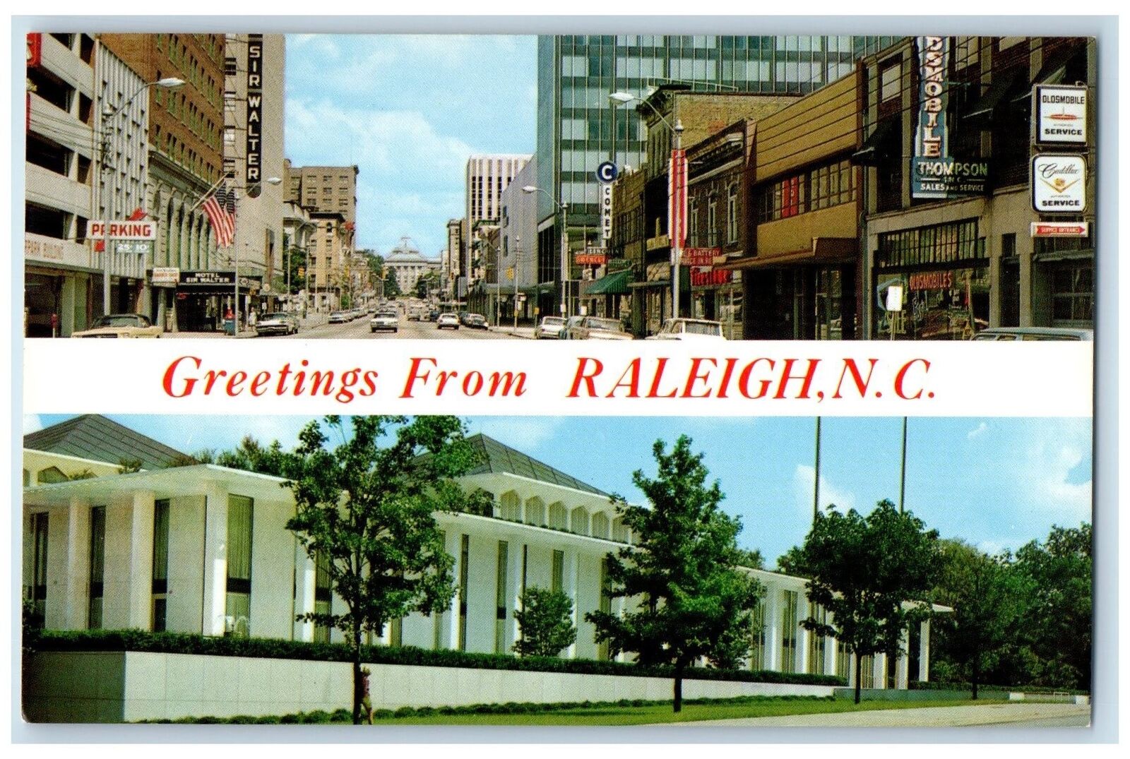 c1960's Greetings From Raleigh Fayetteville Street Capitol Building NC Postcard