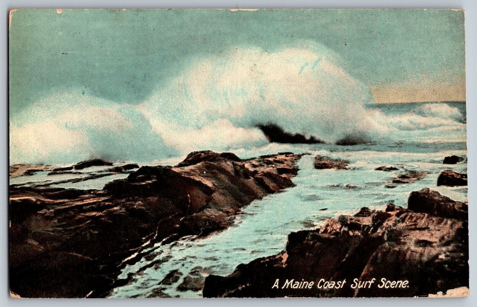 A Maine Coast - Surf Scene - Big Waves - Vintage Postcard - Posted 1913