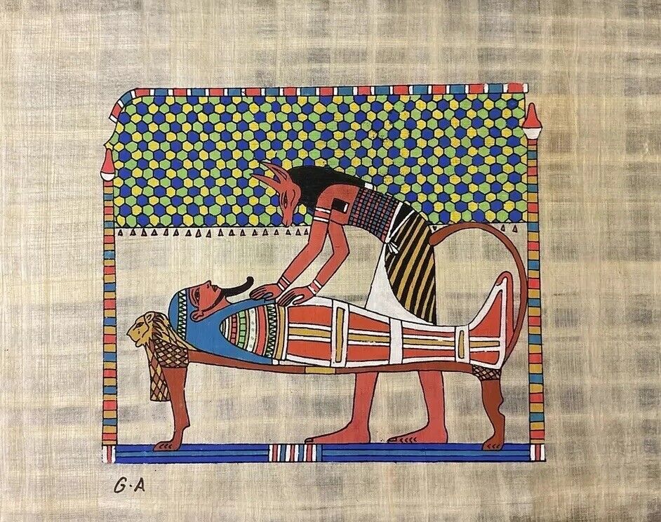 Vintage Hand Painted  Egyptian Papyrus-Anubis performing the ritual of embalming
