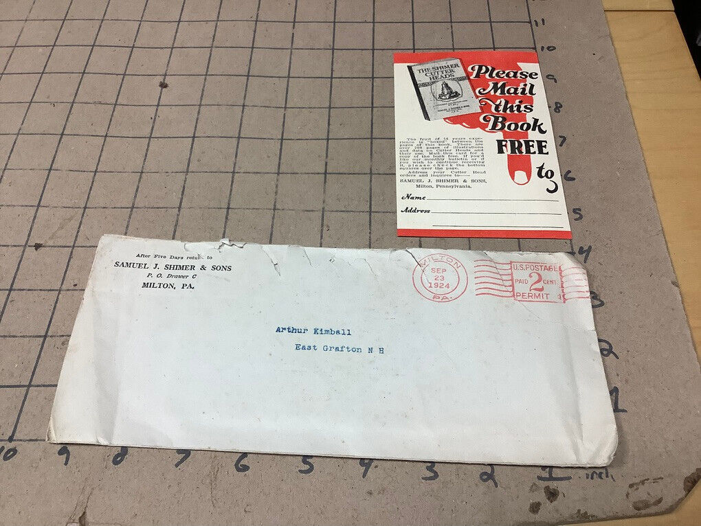 original vintage - 1924 SHIMMER CUTTING HEADS postcard & envelope