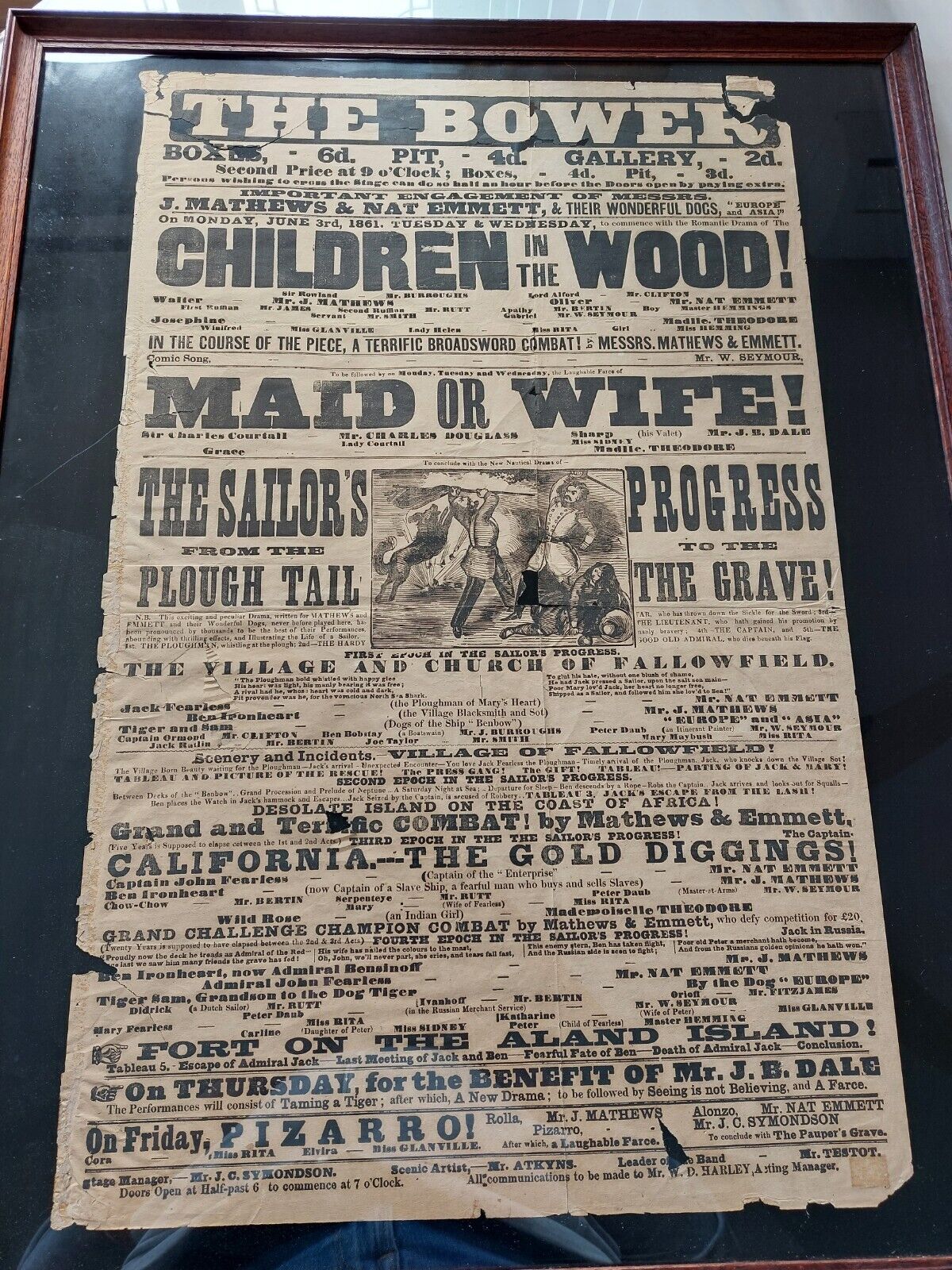 the bower antique / vintage theatre poster 1861 in a frame.