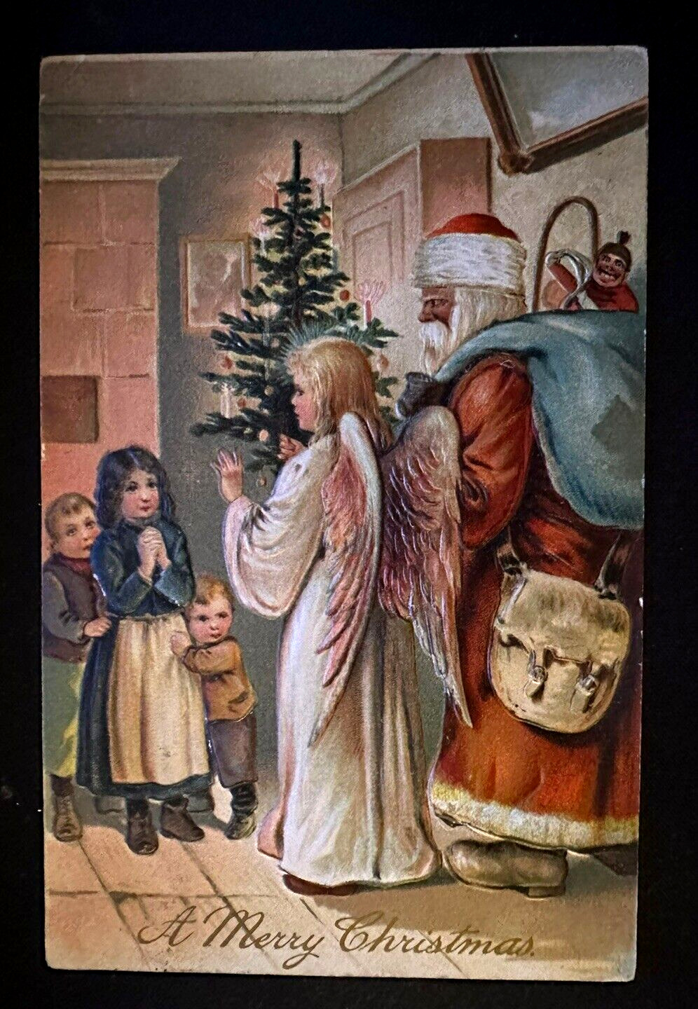 Santa Claus with Angel~Children~Tree~Antique ~ PFB Christmas Postcard~h749