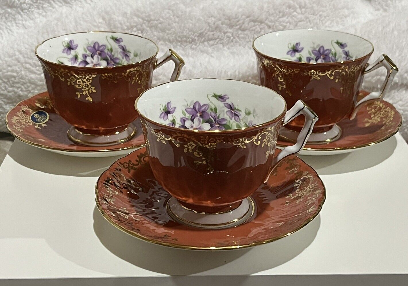 3 EE84 Vintage Aynsley Tea Cup & Saucer Red with Gold Accent Purple Floral