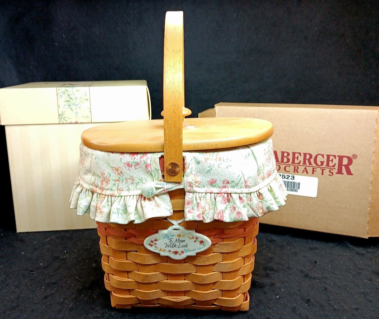 Longaberger 2001 Mother\'s Day Vintage Blossoms Basket Protector Liner Lid Tie-on