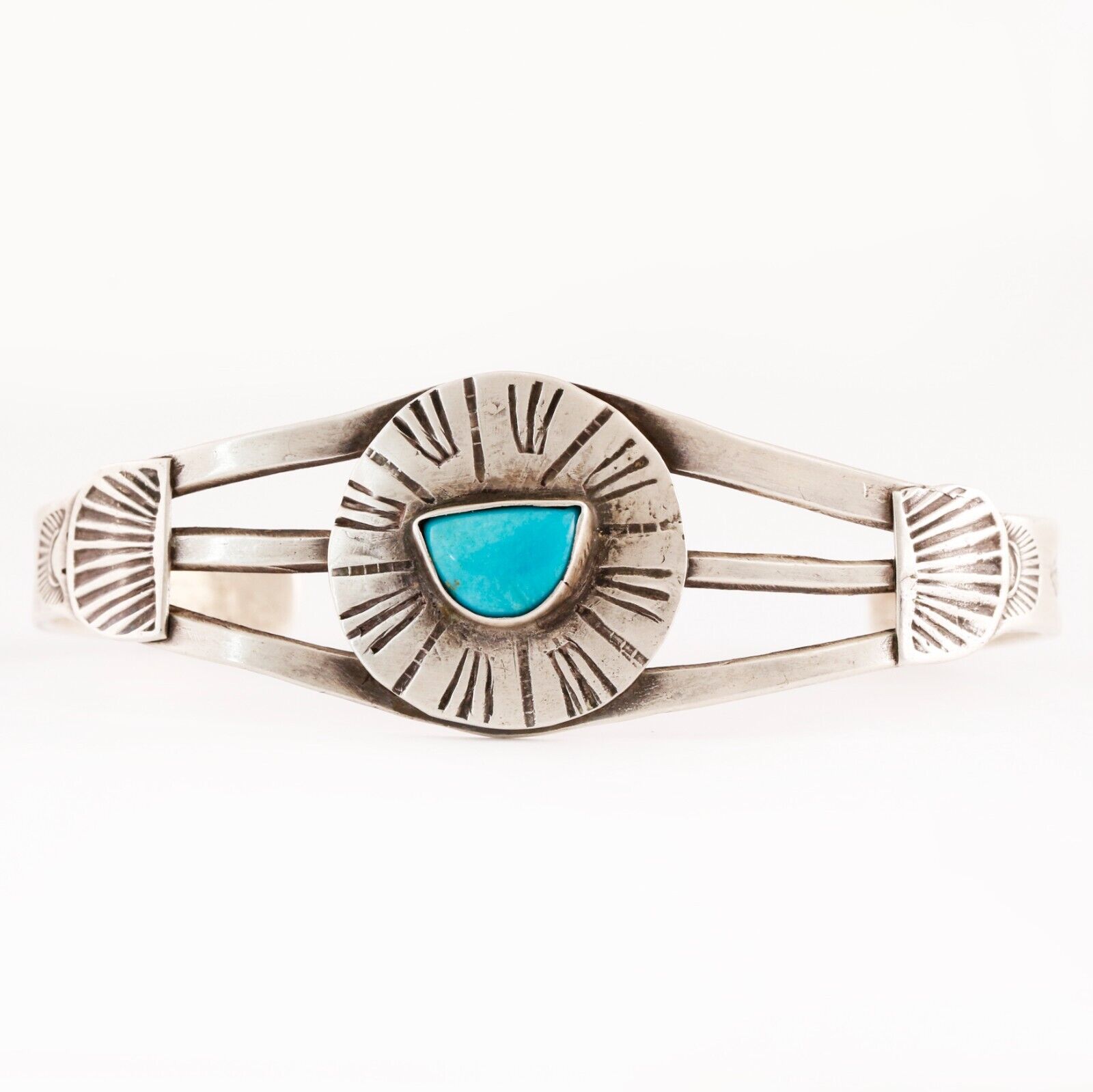 EARLY NATIVE AMERICAN STERLING TURQUOISE STAMP ORANGE PEEL CUFF BRACELET 6.75\