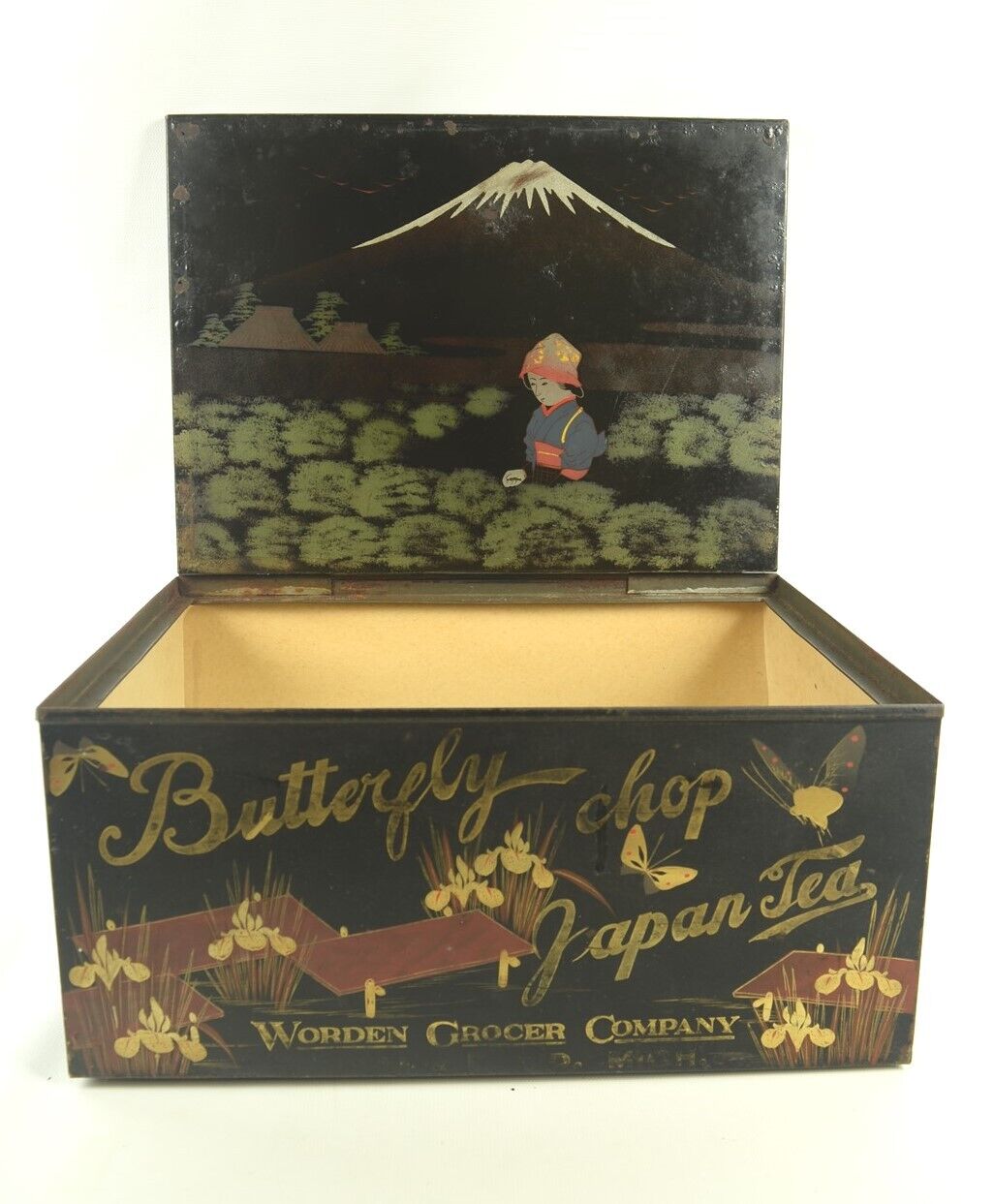 Antique Butterfly Chop Japan Tea Metal Box Worden Grocer Grand Rapids MI