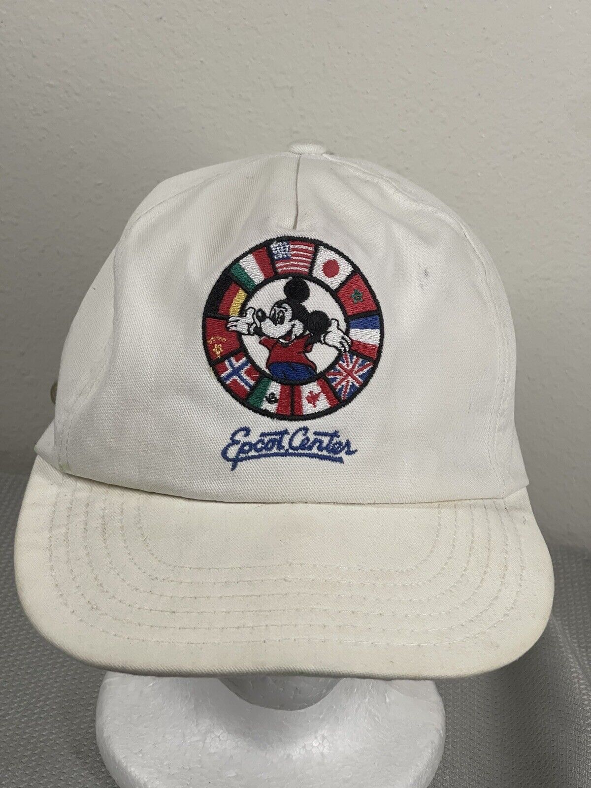 Vintage Disney Epcot Center StrapBack Hat Mickey Mouse Cap World Flags White
