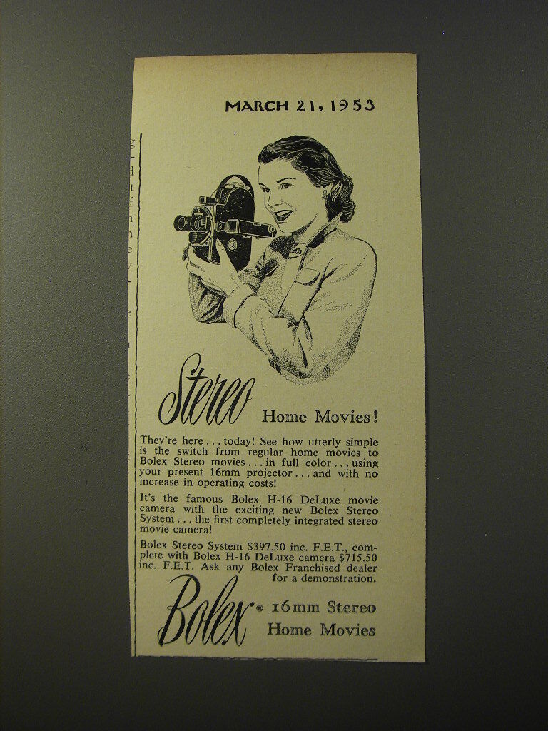 1953 Bolex H-16 DeLuxe Movie Camera Advertisement - Stereo Home Movies