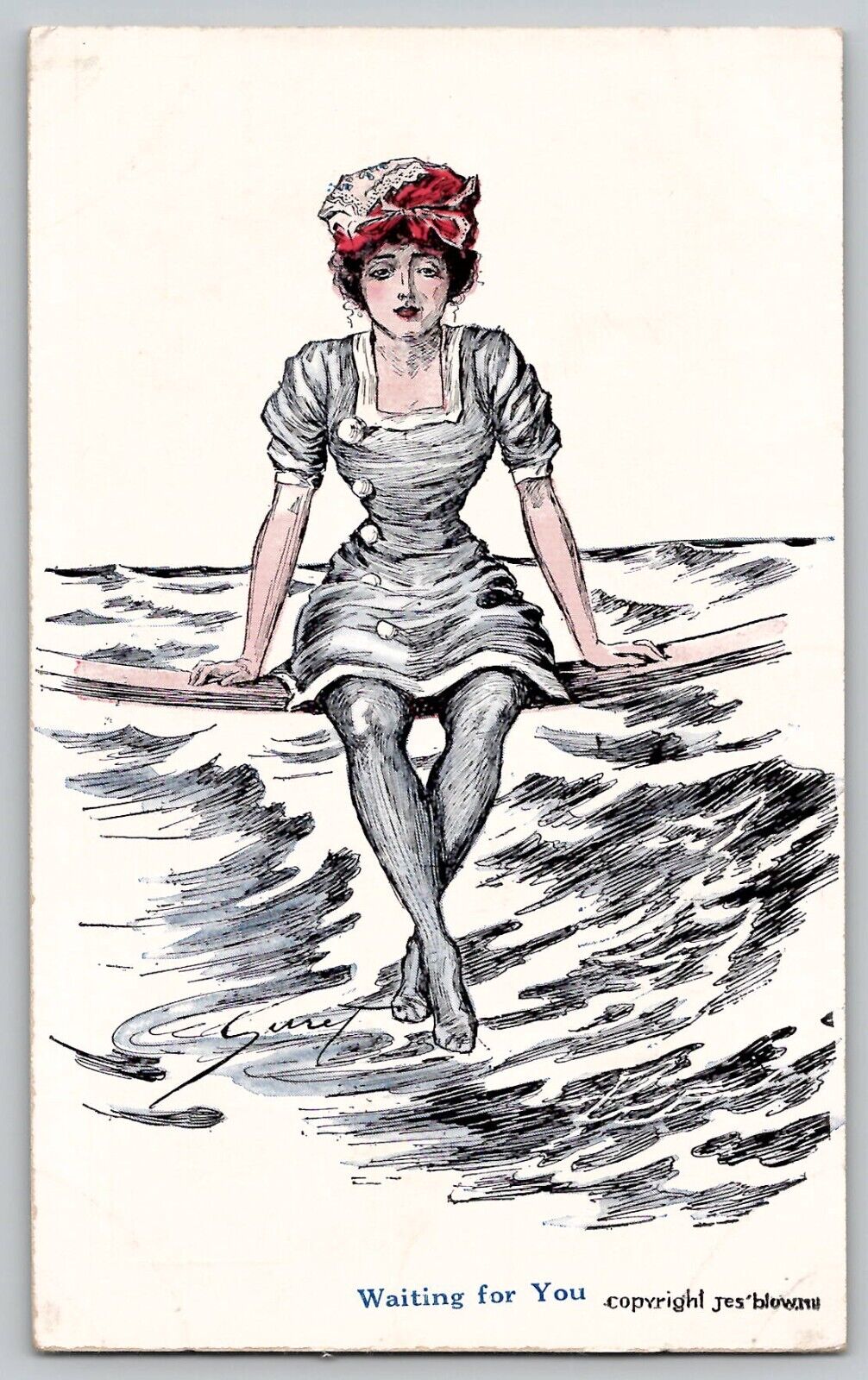 Waiting For You Vtg Antique Postcard Melancholy Bathing Beauty Swimsuit 1910\'s