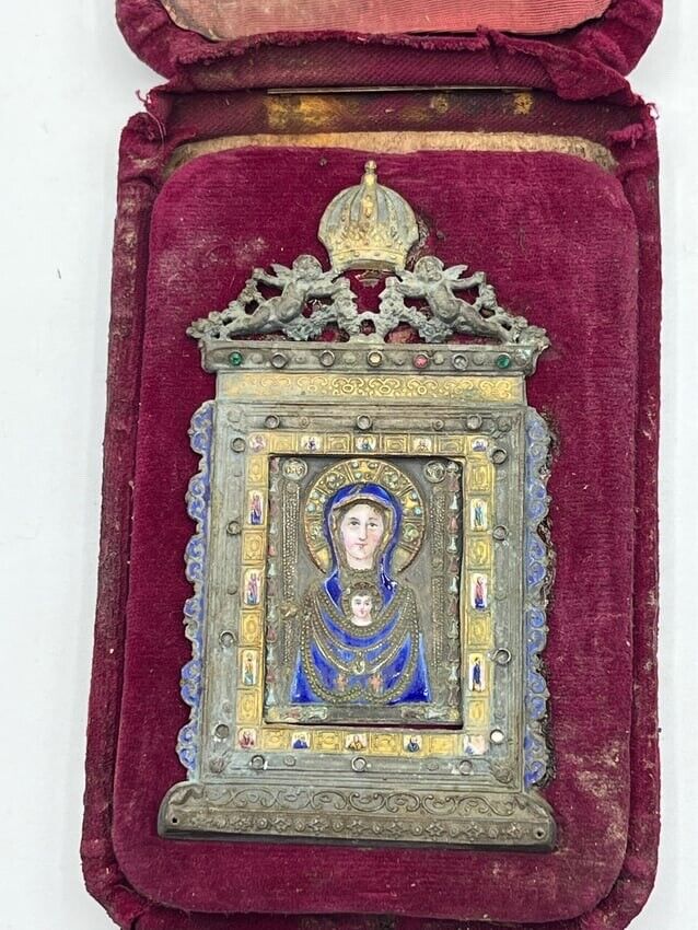 Russian Ancient Enamel Icon Depicting Mother Of Hod With A Baby Jesus