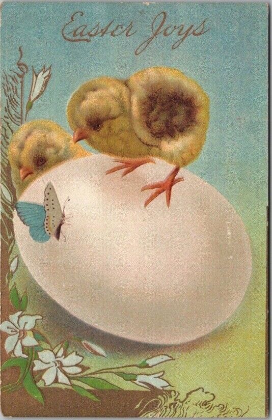 c1910s BS EASTER Greetings Postcard Baby Chicks / Big Egg / BUTTERFLY - Unused