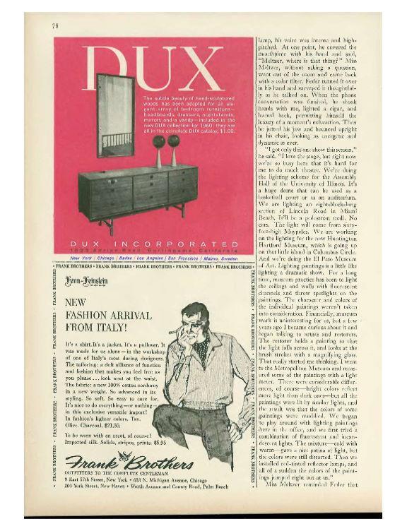 TWO ADs for One: 1960 Dux and Frank Brothers PRINT AD
