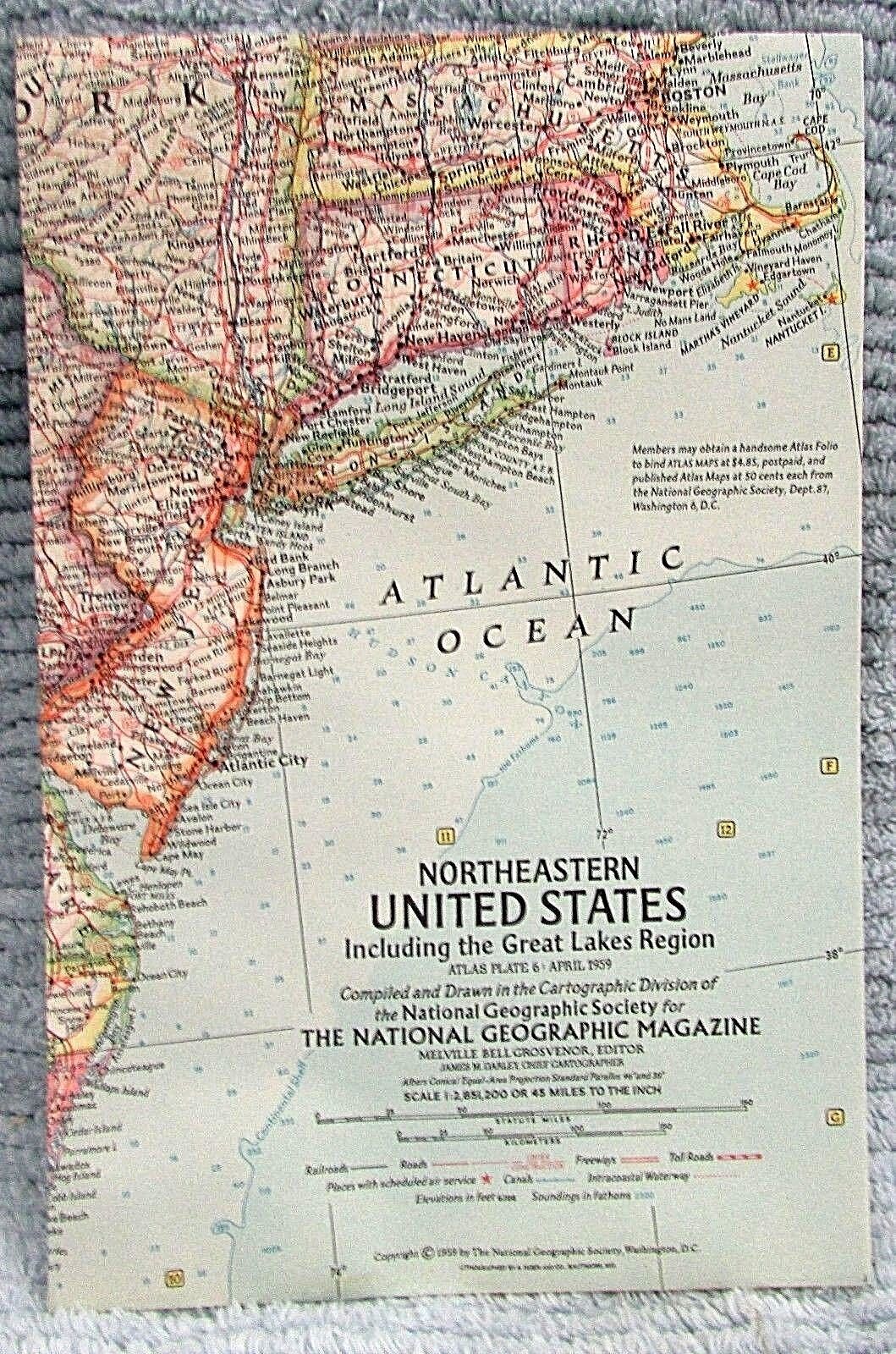 Old 1959 National Geographic Vintage Map Northeastern United States FREE S/H