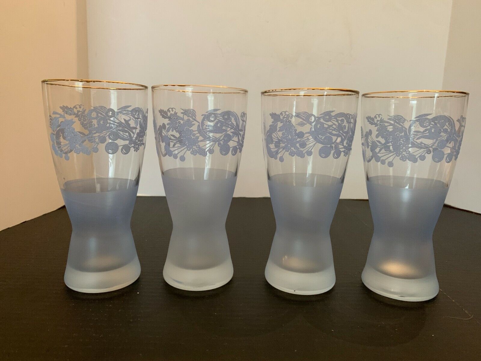 Vintage Hops and Barley Pattern Blue on Clear Pilsner Beer Glass Set of 4