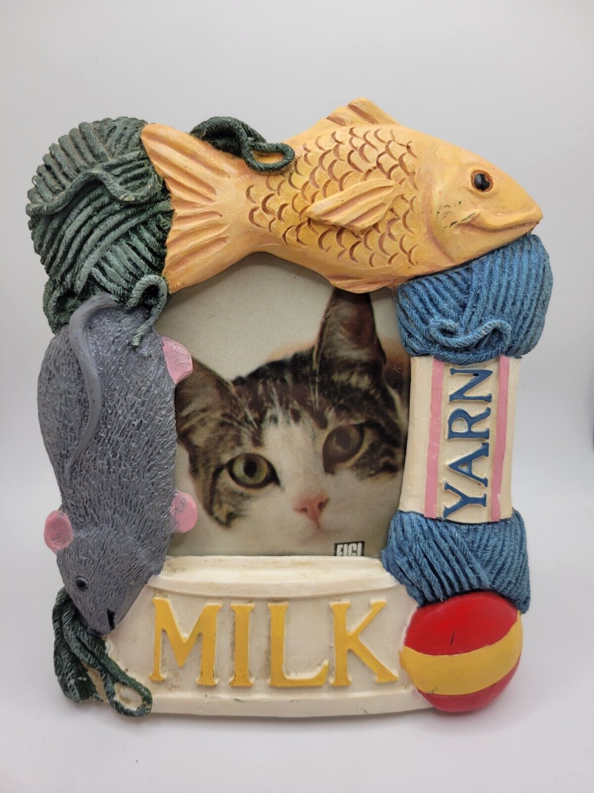 Vintage Art Photo Frame Cat Favorite Items Yarn Milk Fish Mouse Ball 