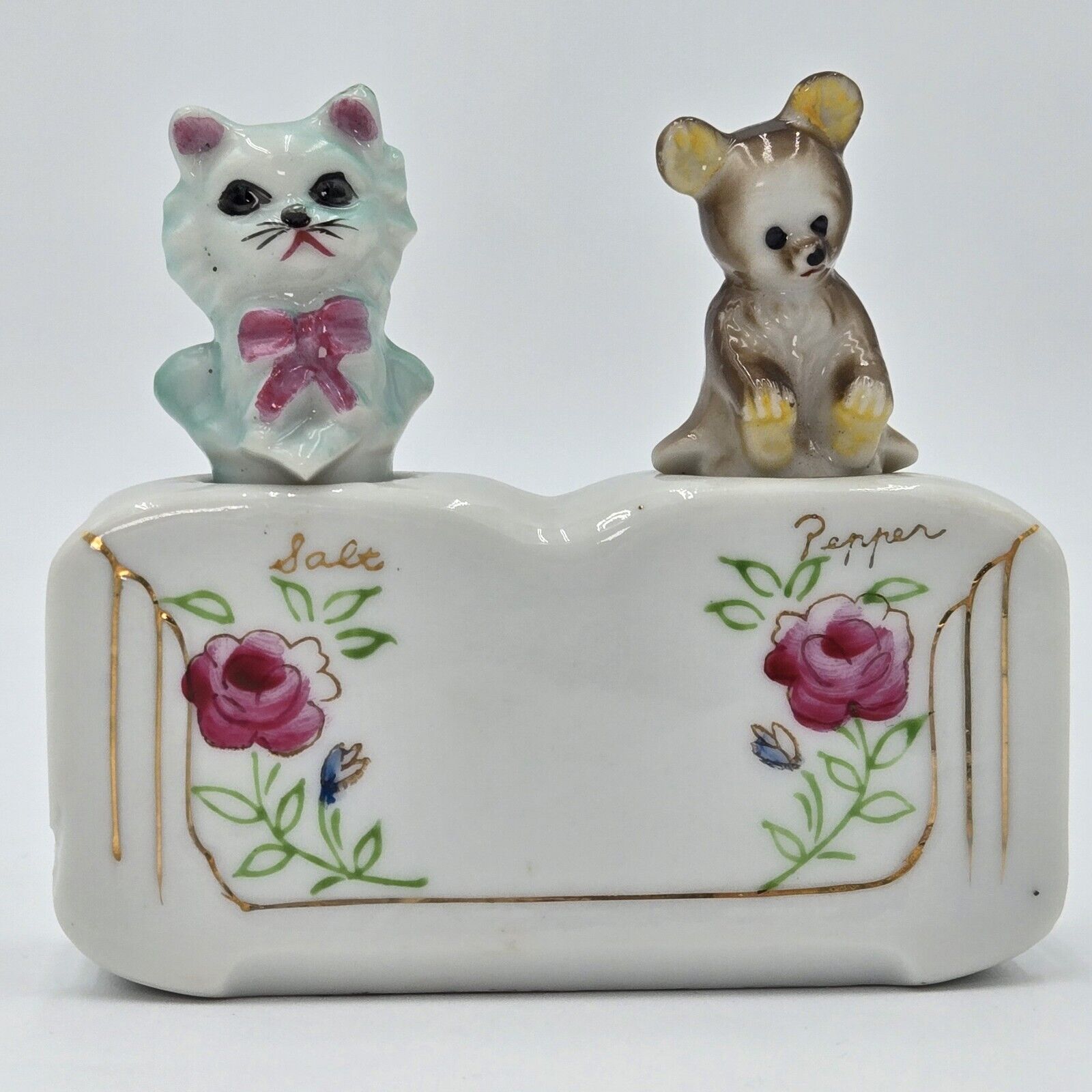 Vintage Cat & Mouse Ceramic Rocking Salt and Pepper Shakers/ Holder Japan 1950s