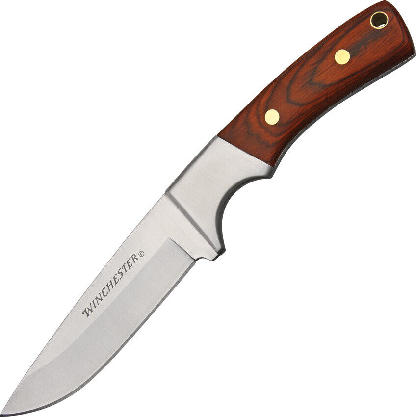Winchester Logo Hunter Stainless Fixed Drop Blade Brown Wood Handle Knife 41340