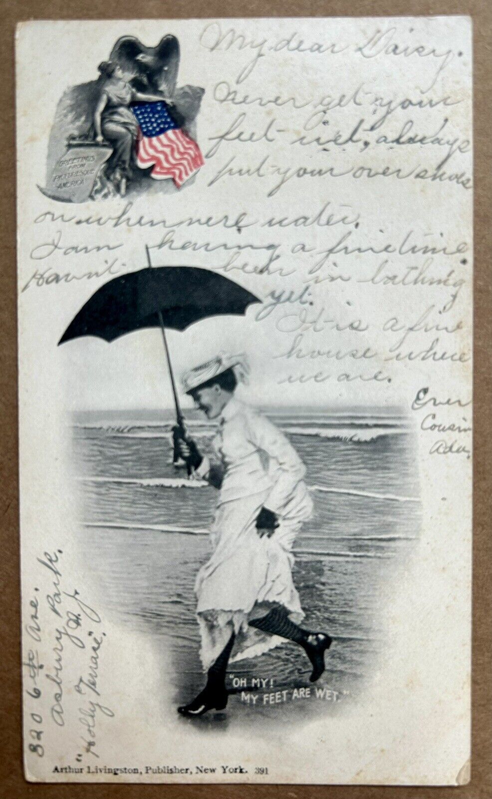 “ Oh My, My Feet Are Wet” Vintage Postcard 1903. Woman with umbrella.