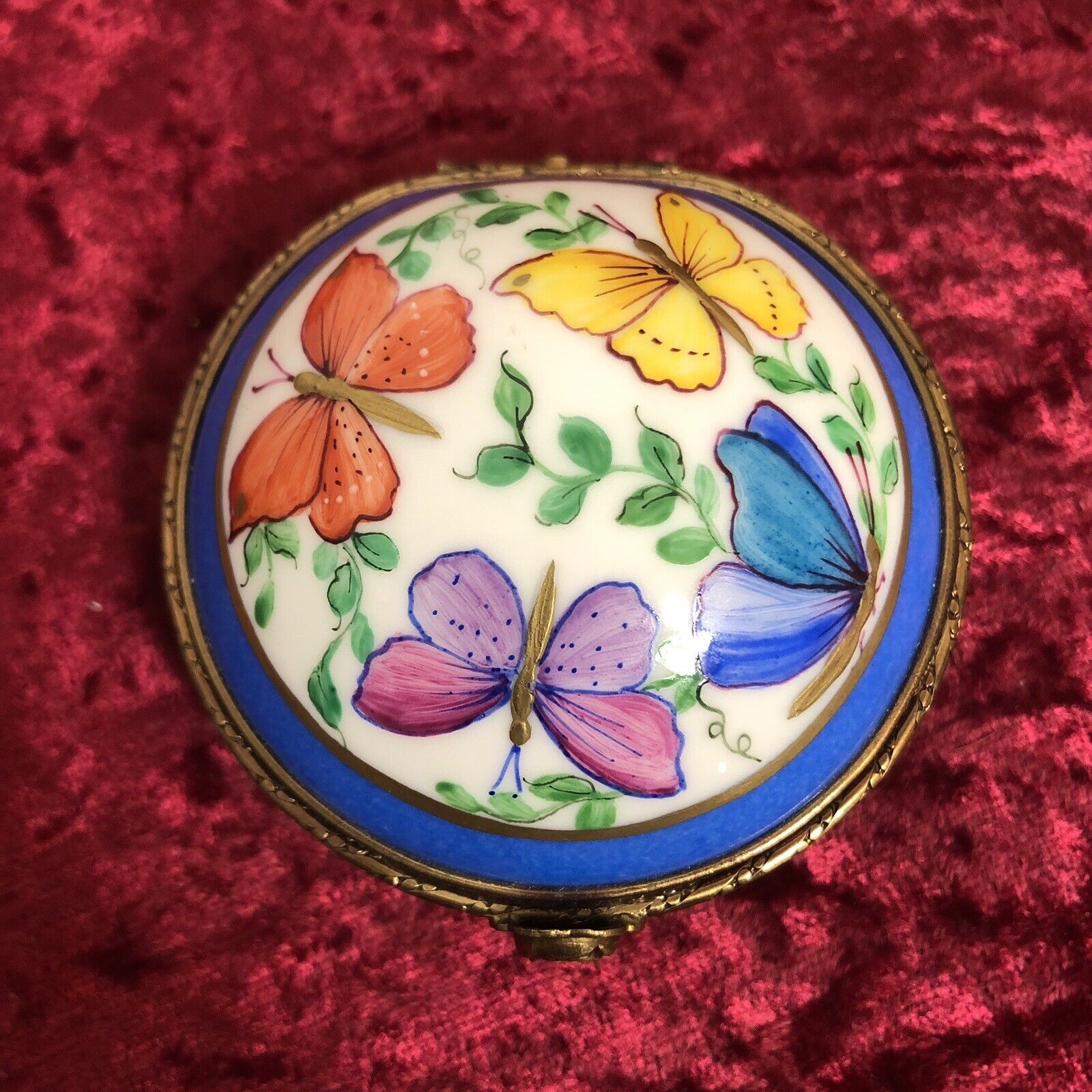 Vintage Handpainted Limoges France Round Trinket Box Butterflies ￼ ￼Mirrored Lid