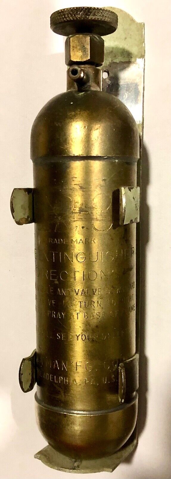 Small brass kitchen or stove fire extinguisher, only 6-1/2\