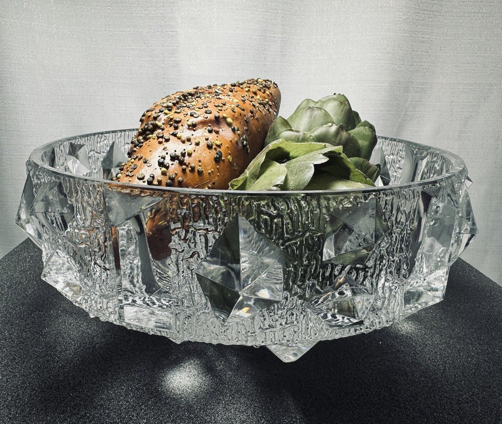 Vtg Crystal Serving Bowl Brutalist Ice Chunky Glass Spikes Sweden Tritschler