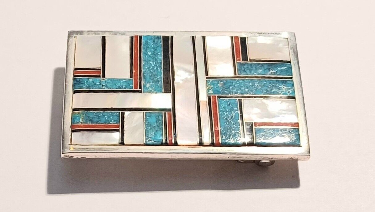 Great Native American Zuni Sterling Turquoise Coral, Onyx Inlaid Belt Buckle 3X2