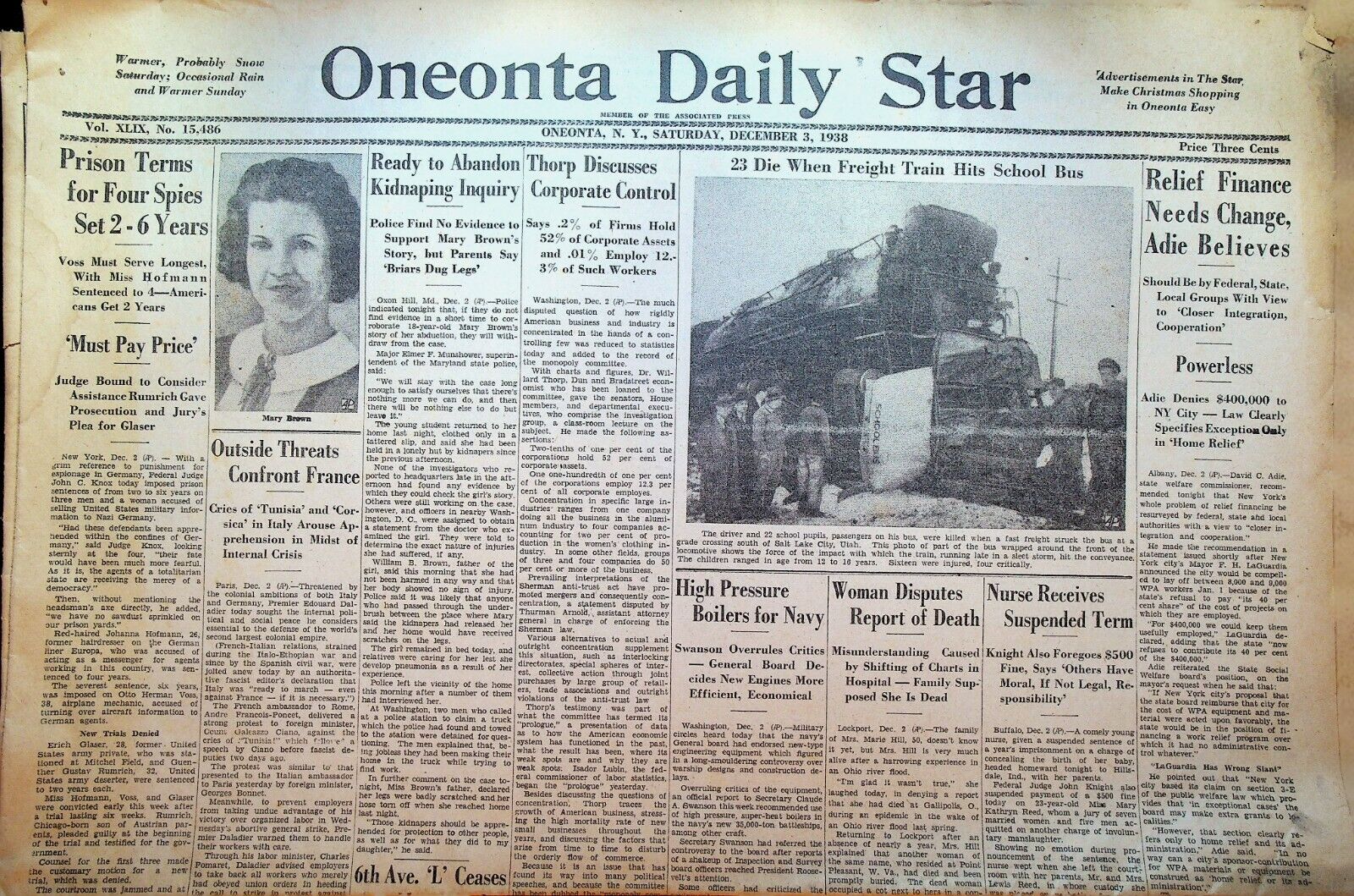 Oneonta Daily Star December 3 1938 Popeye Dan Hill Duke Football 