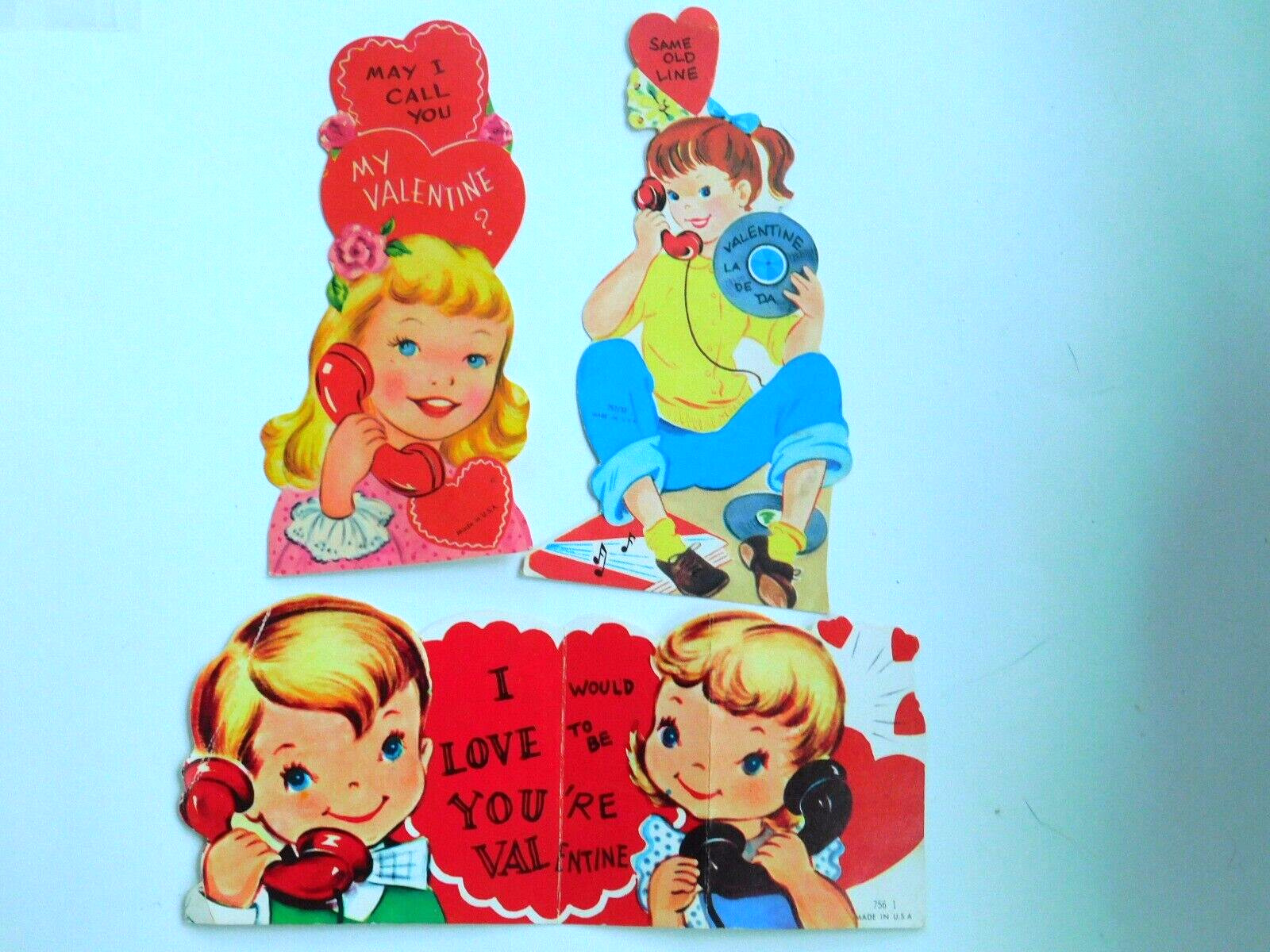 Vintage MCM lot of 3 Valentines- Kids Talking on Phones Two are UNSIGNED V542