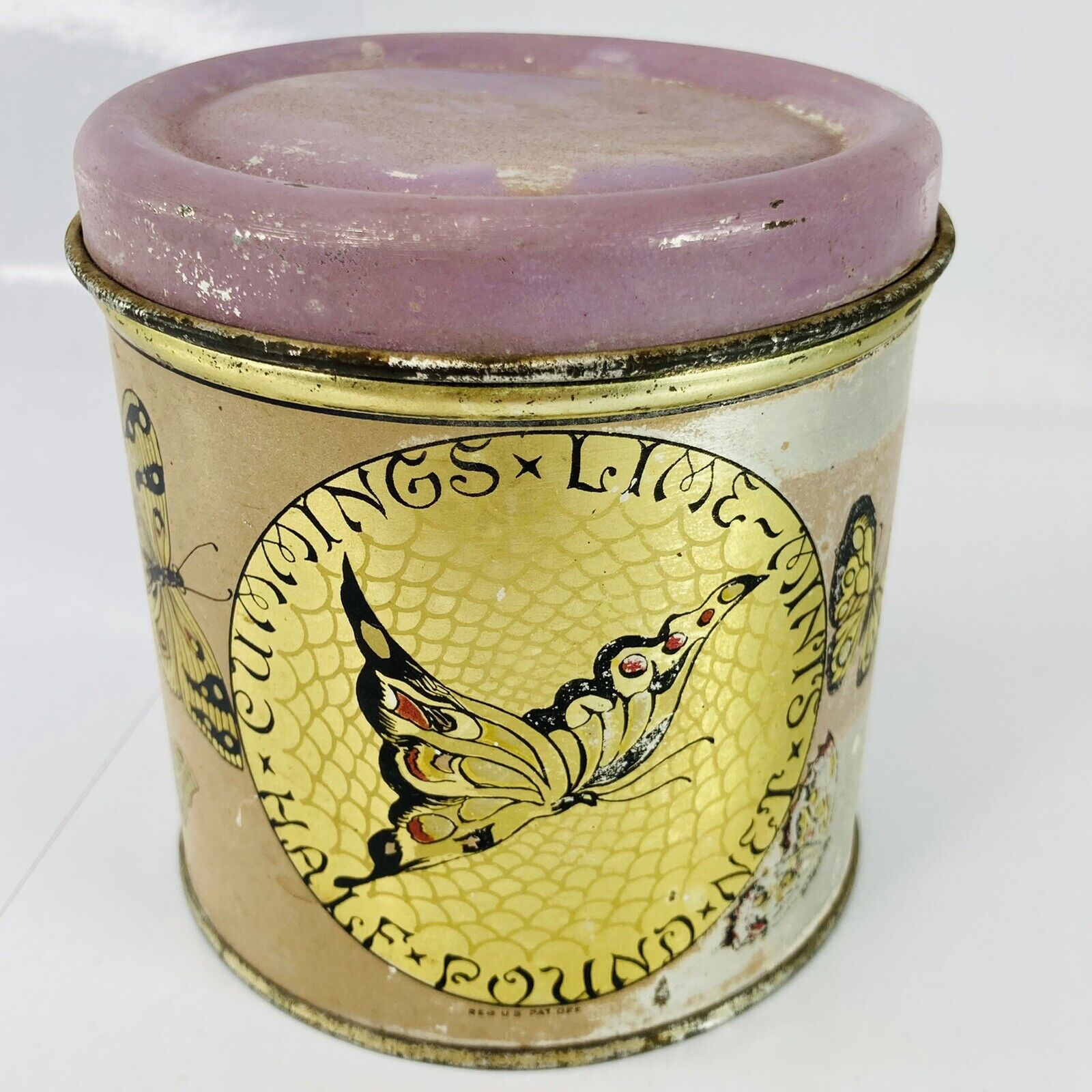 VTG Cummings Lime Mints Candy Tin Half Pound Litho Butterfly Advertising Antique