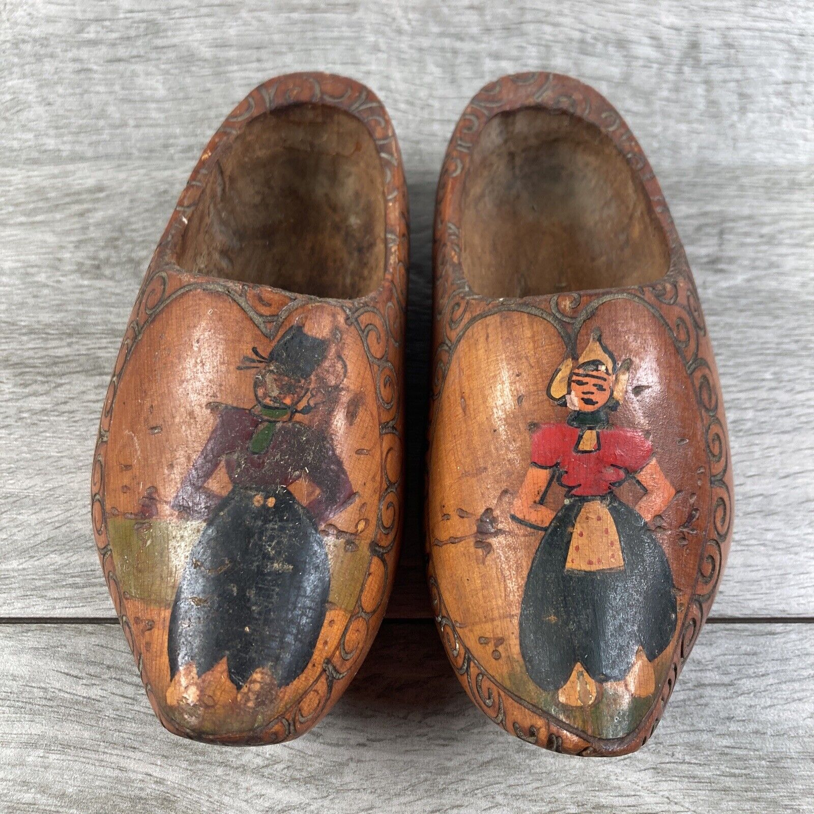 Vintage Hand Carved Wooden Holland Clogs Klompen Shoes Solid Wood Dutch Decor