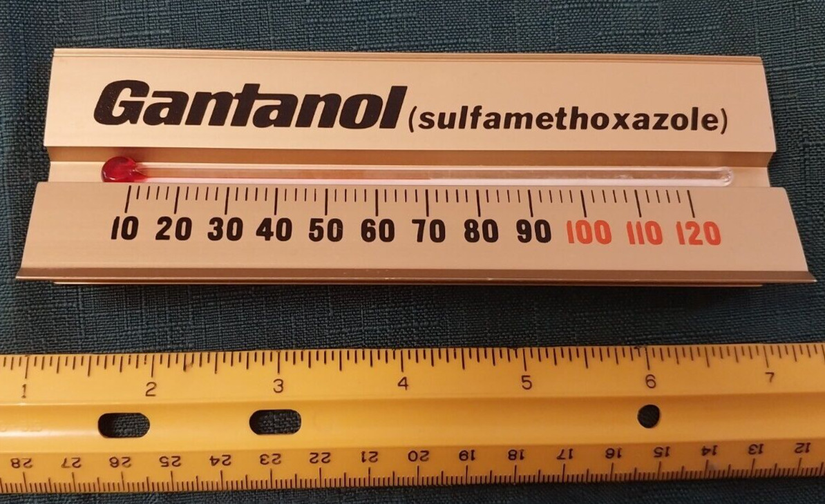 Vintage Desk/Counter Gold Tone Pharmacy Thermometer: Gantanol (sulfamethoxazole)
