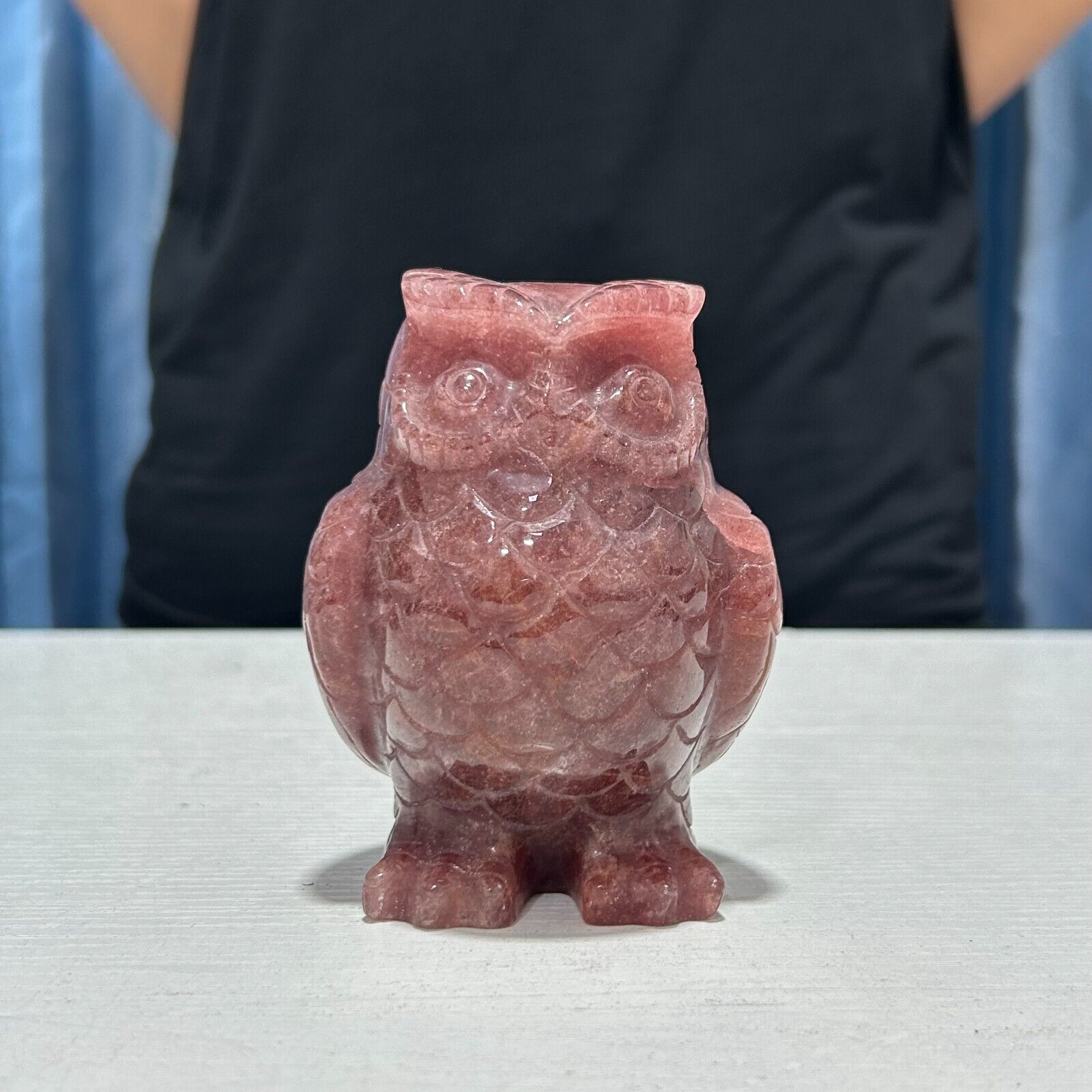 1.5LB 3.9\'\'Natural Strawberry Quartz Owl Statue Crystal Carving Healing Decor