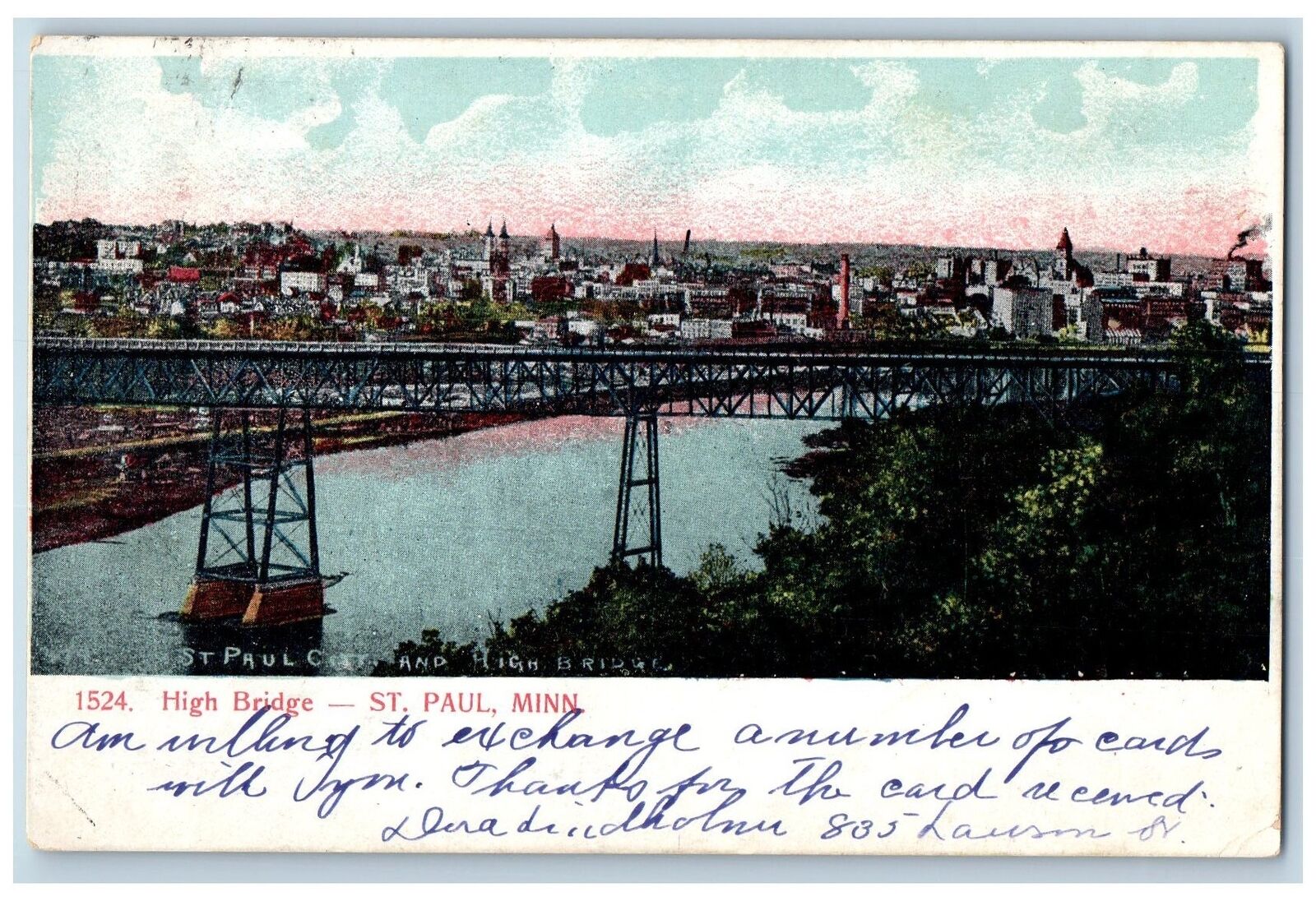 1907 High Truss Bridge City Building River St. Paul Minnesota Antique Postcard
