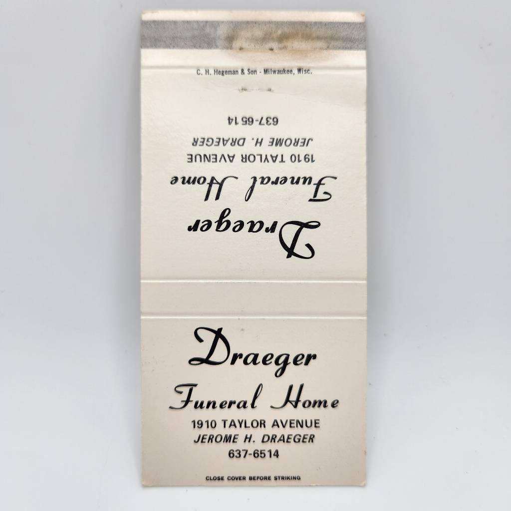 Vintage Matchcover Draeger Funeral Home Taylor Avenue Racine Wisconsin