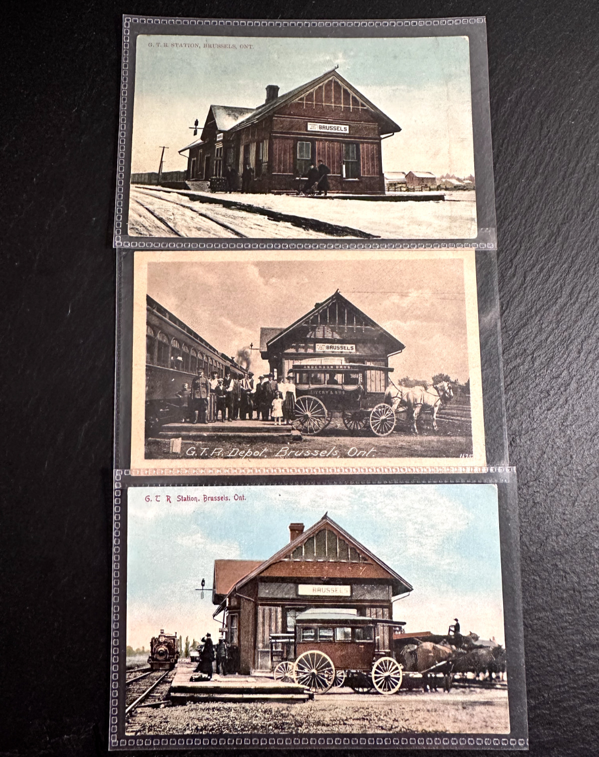 THREE ANTIQUE GRAND TRUNK RAILWAY BRUSSELS STATION DEPOT ONTARIO  POSTCARDS