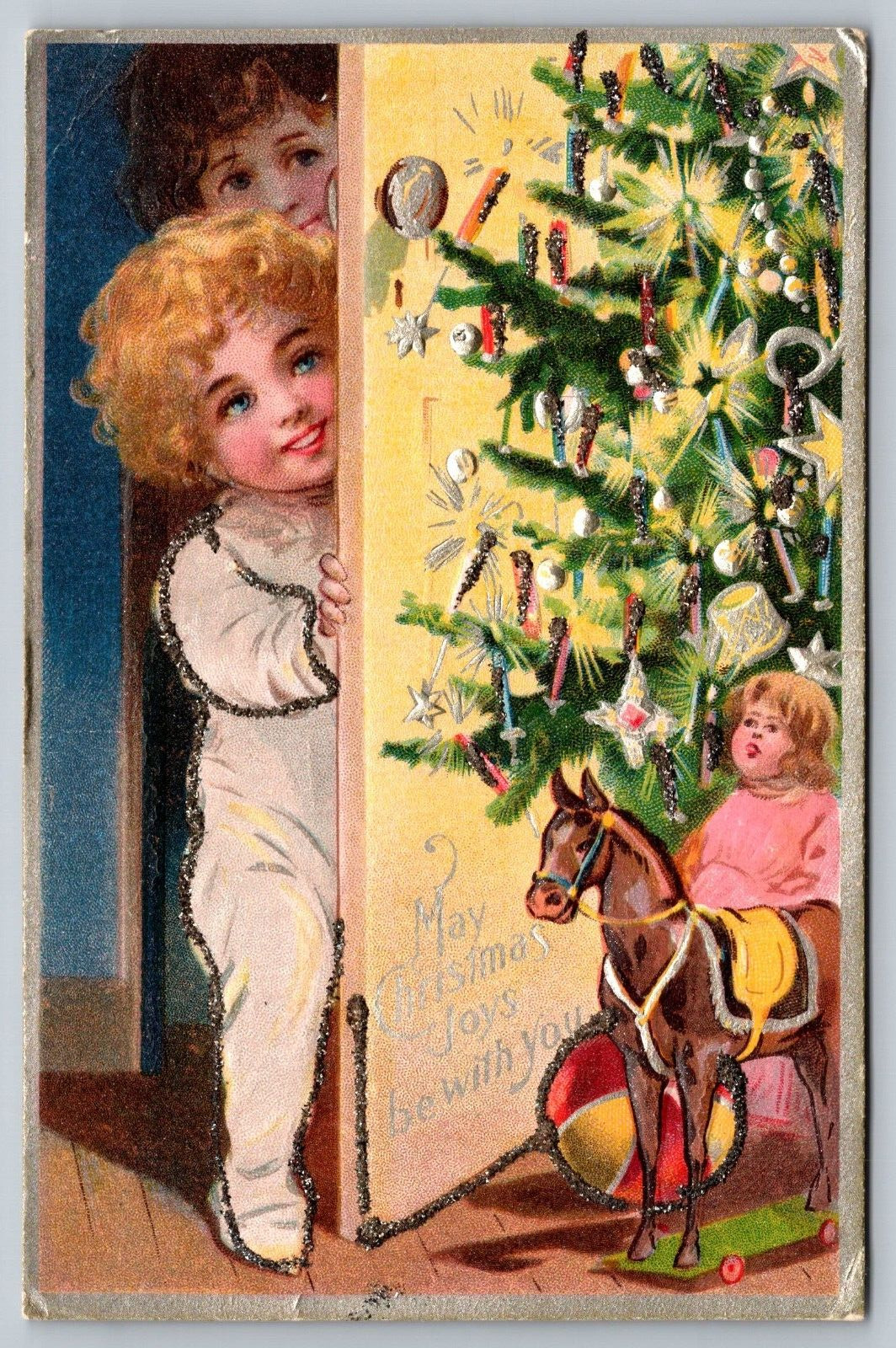 Vintage Christmas Postcard Joys Be With You Tree Children Toys