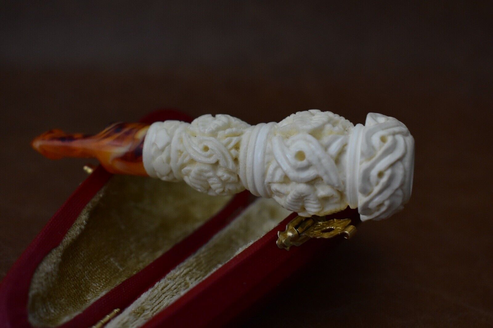 Ornate Cigarette Holder Handmade Block Meerschaum-NEW With Custom Made CASE#1530