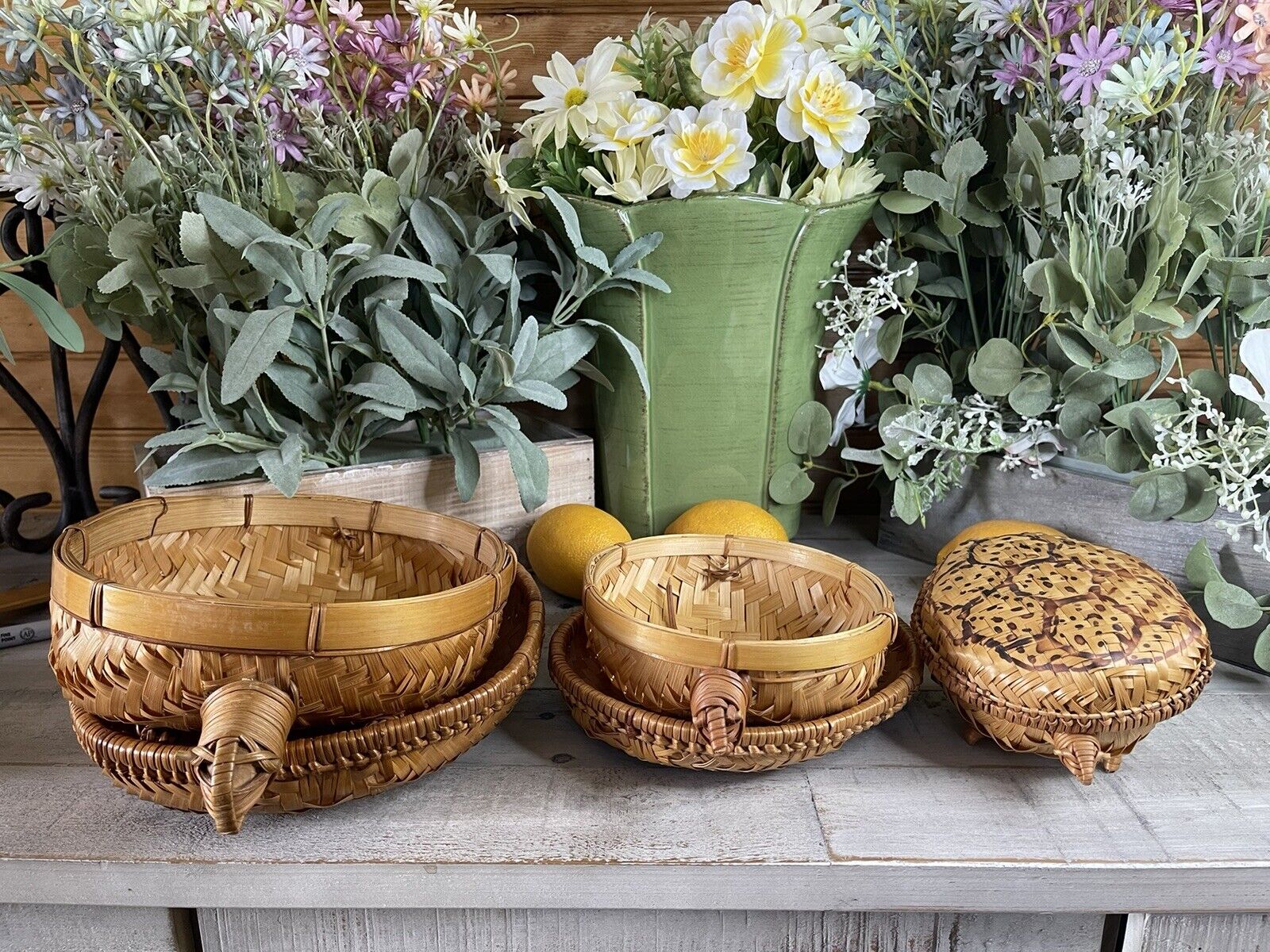 Vintage Handicrafts  Wicker Woven Nesting Turtle Baskets w/ Lids