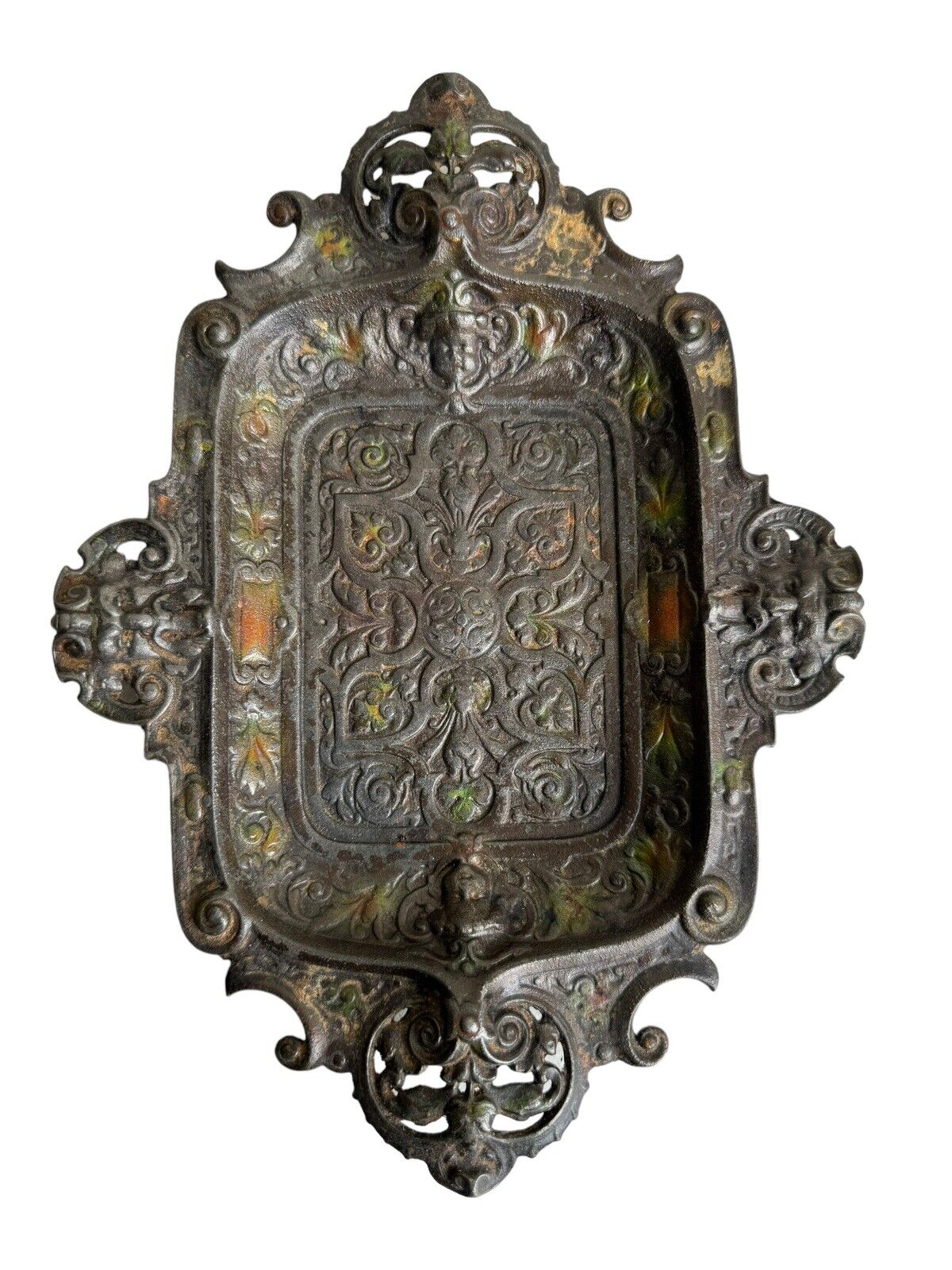 Antique Ornate Cast Iron  Shallow Bowl Cherub Faces High Relief Artwork
