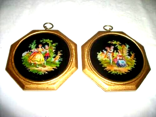 ANTIQUE EGLOMISE PLAQUES REVERSE PAINTED GLASS FRENCH ROMANTIC COUPLES SMALL