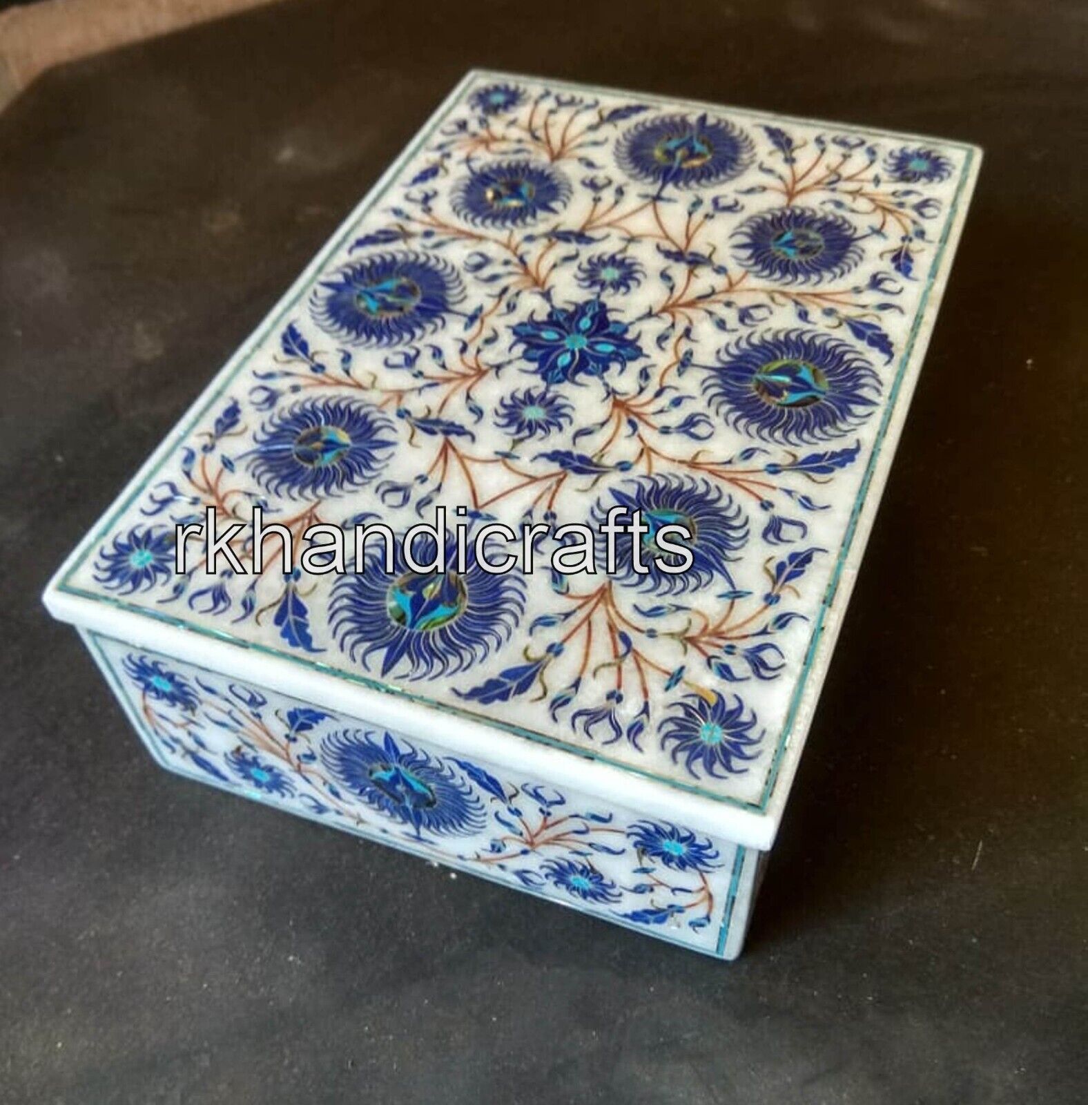 7 x 5 Inches Rectangle Marble Dressing Table Decor Box Marquetry Art Jewelry Box