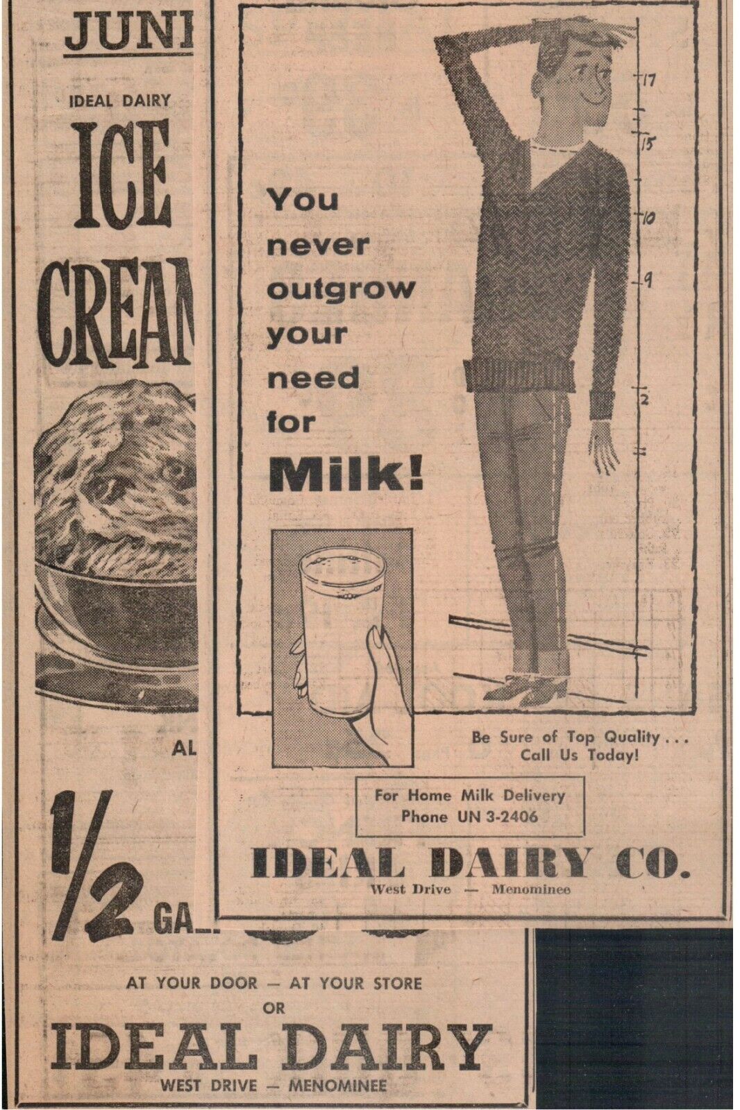 1960\'s Ideal Dairy x2 Ice Cream & Milk Michigan Newspaper Print Ads 