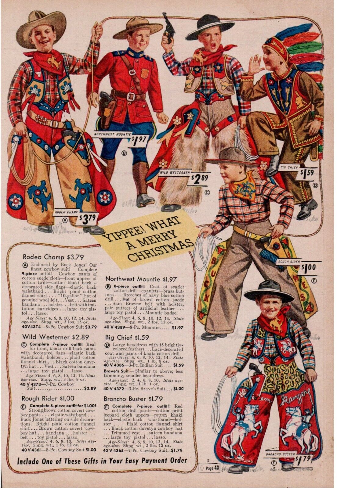 Late 1930\'s Sears Catalog Page #43 Boy\'s Western Rodeo Clothes Drink N Wets Doll