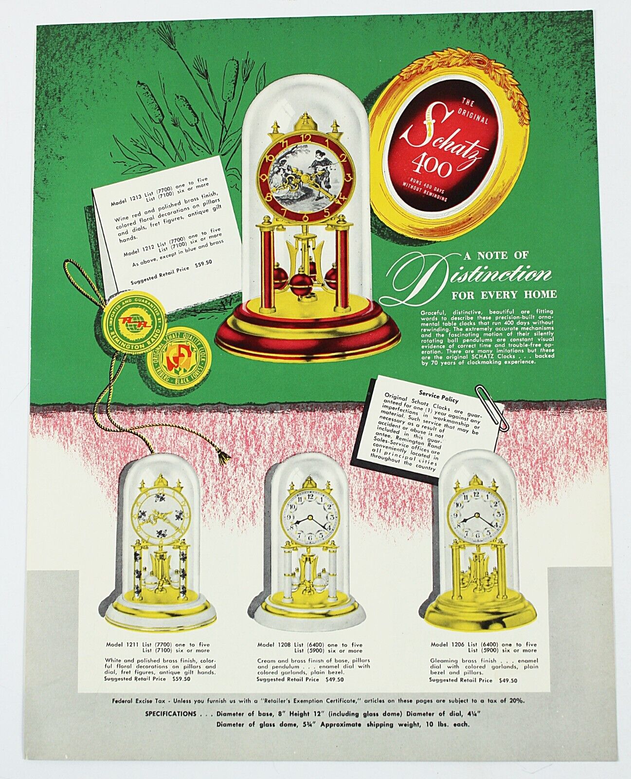 Vintage 1952 SCHATZ 400 Glass Dome Clocks Print Ad in Color with Prices