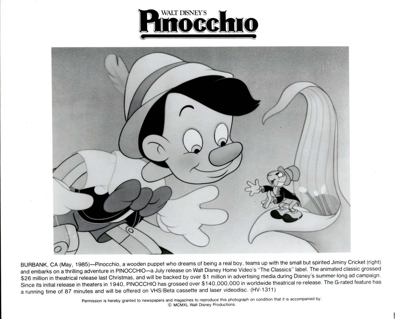 KC6 1985 Original Photo PINOCCHIO JIMINY CRICKET Classic Walt Disney Cartoon