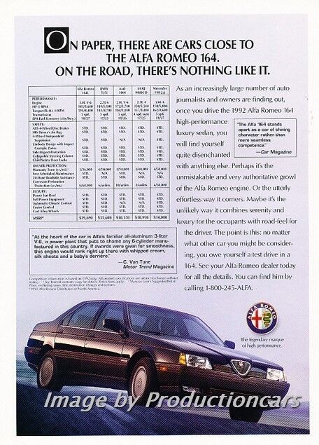 1992 Alfa Romeo 164 Original Advertisement Print Art Car Ad J753