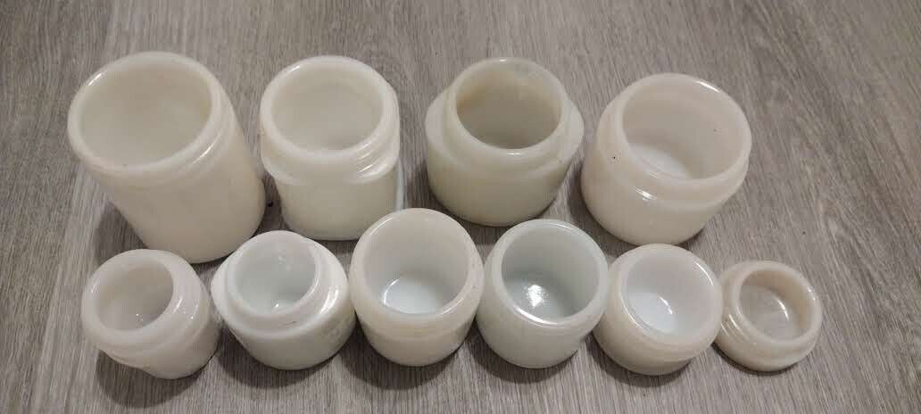 Vintage Lot Of 9 White Porcelain Cosmetic Milk Glass Jars MCM USA 