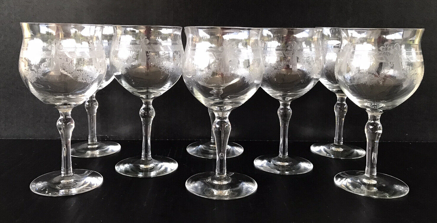 Vintage Bryce #304 Needle Etched Elegant Glass Floral Swag & Bow 8 Water Goblets