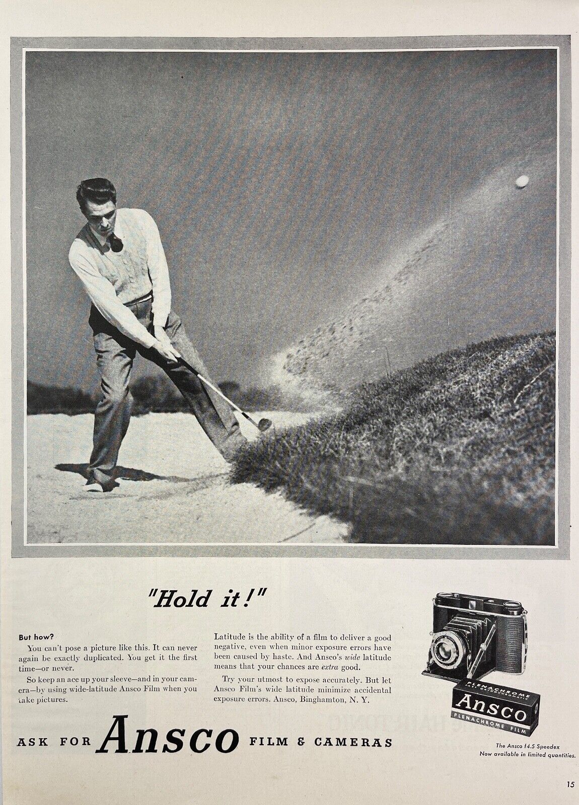 1947 Ansco Speedex Film Plenachrome Camera Golfer Binghampton Vintage Print Ad
