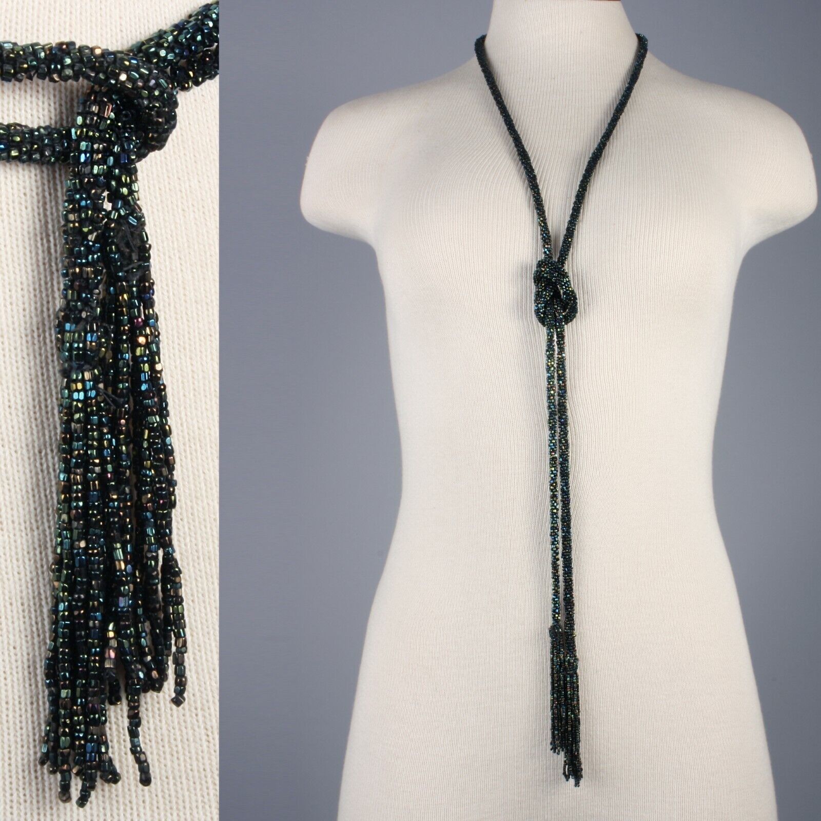 Vintage 20s Art Deco Antique Sautoir Blk Iridescent Beaded Tassel Long Necklace